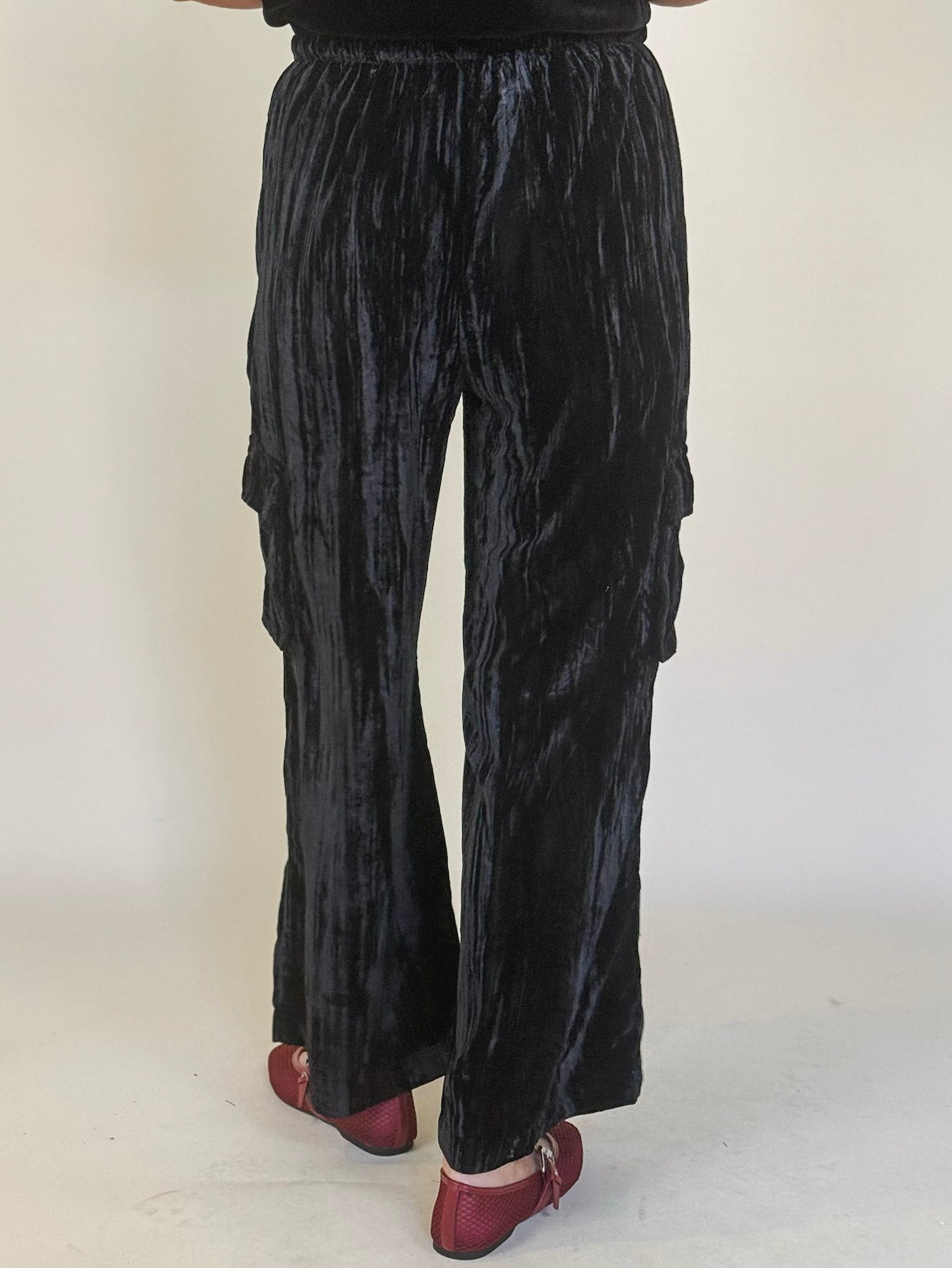 Hazel Crinkle Velvet Wide Leg Cargo Pants