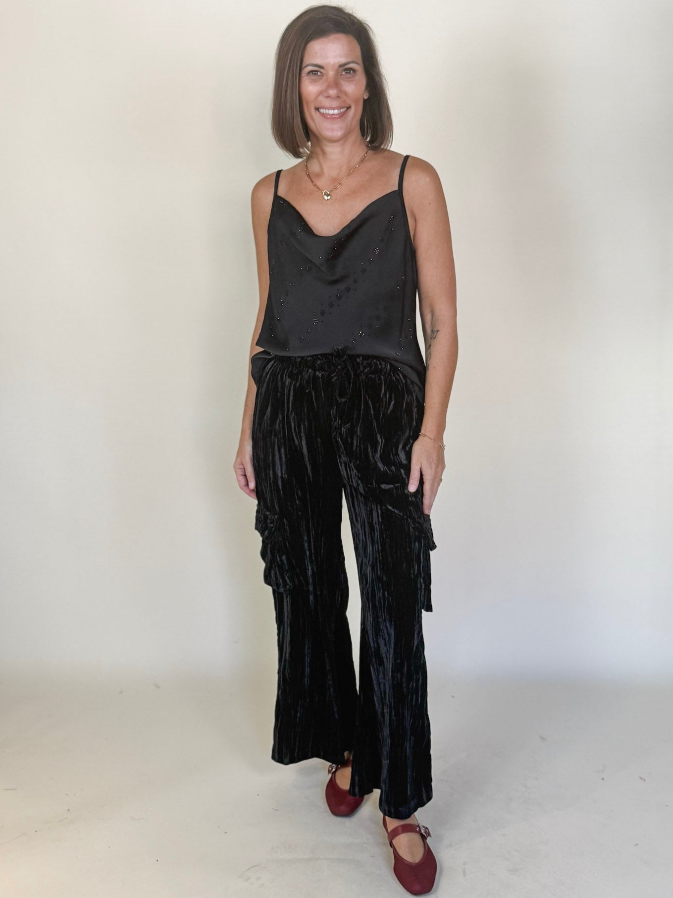 Hazel Crinkle Velvet Wide Leg Cargo Pants