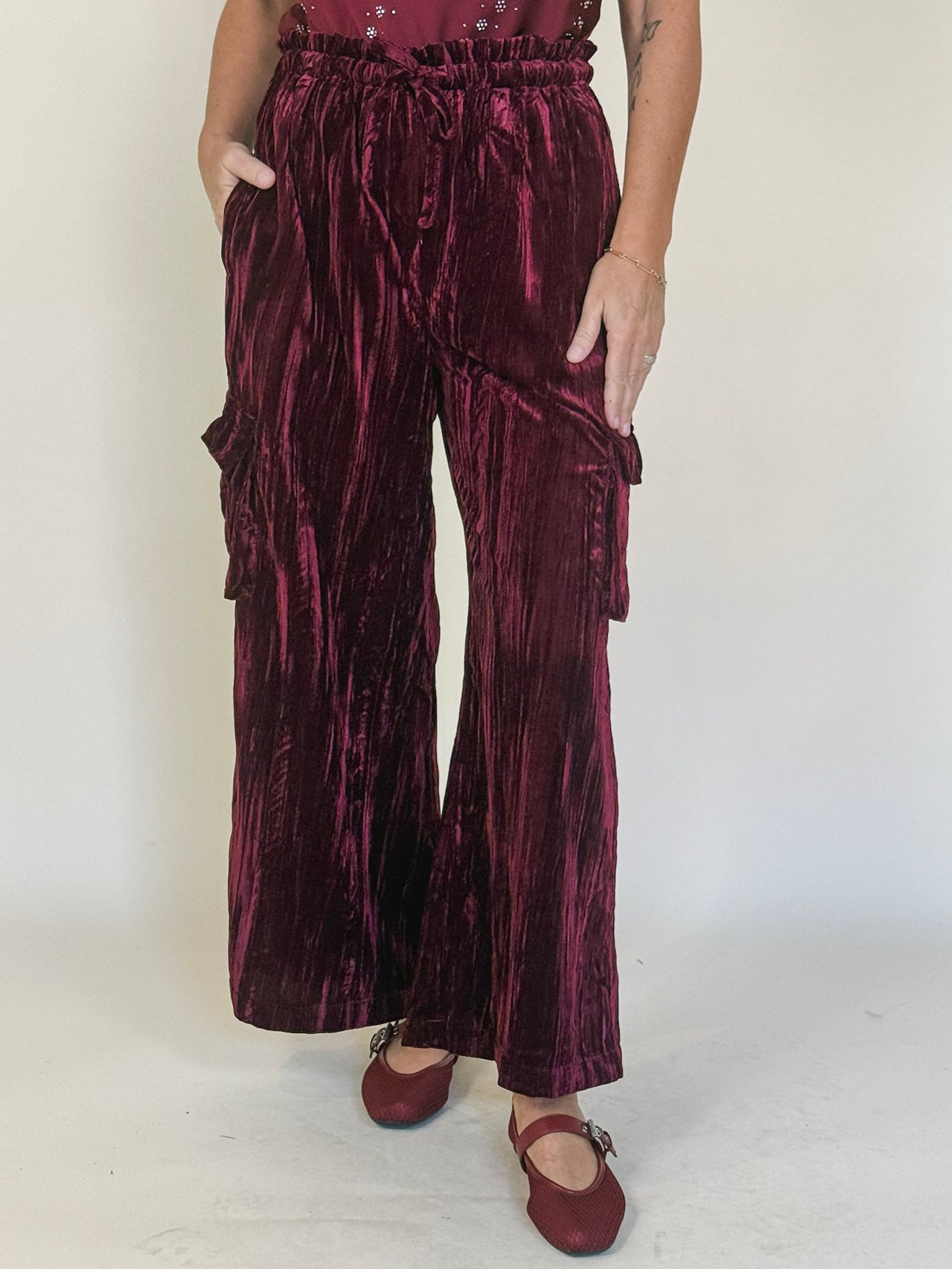 Hazel Crinkle Velvet Wide Leg Cargo Pants