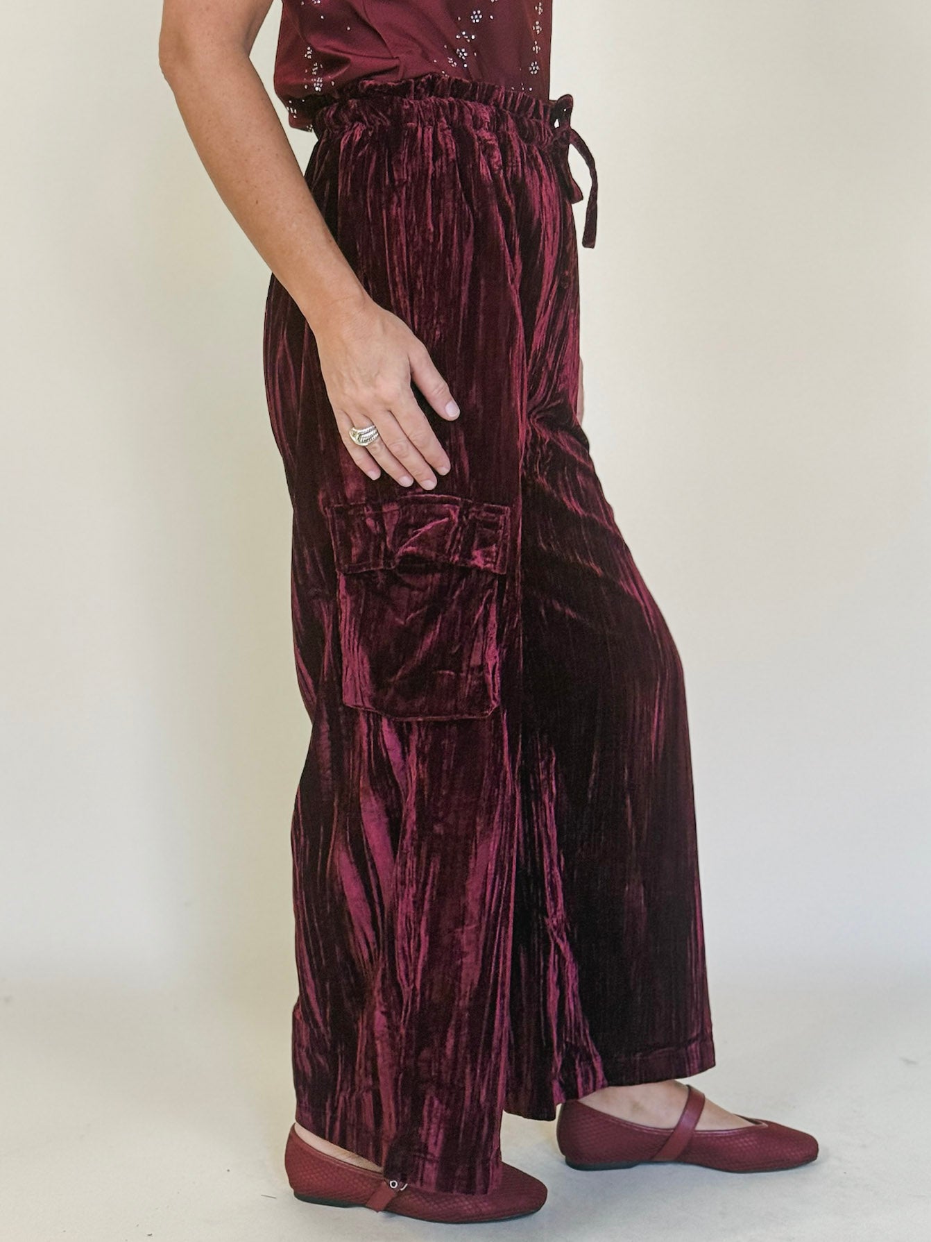 Hazel Crinkle Velvet Wide Leg Cargo Pants