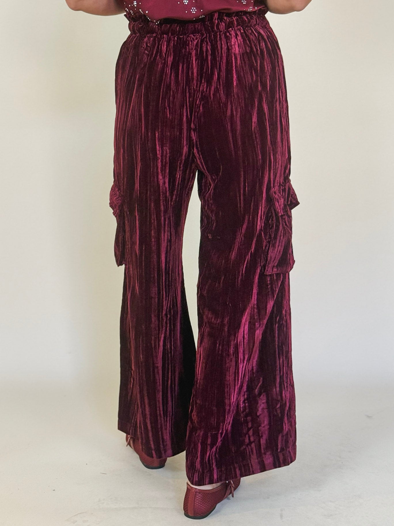 Hazel Crinkle Velvet Wide Leg Cargo Pants