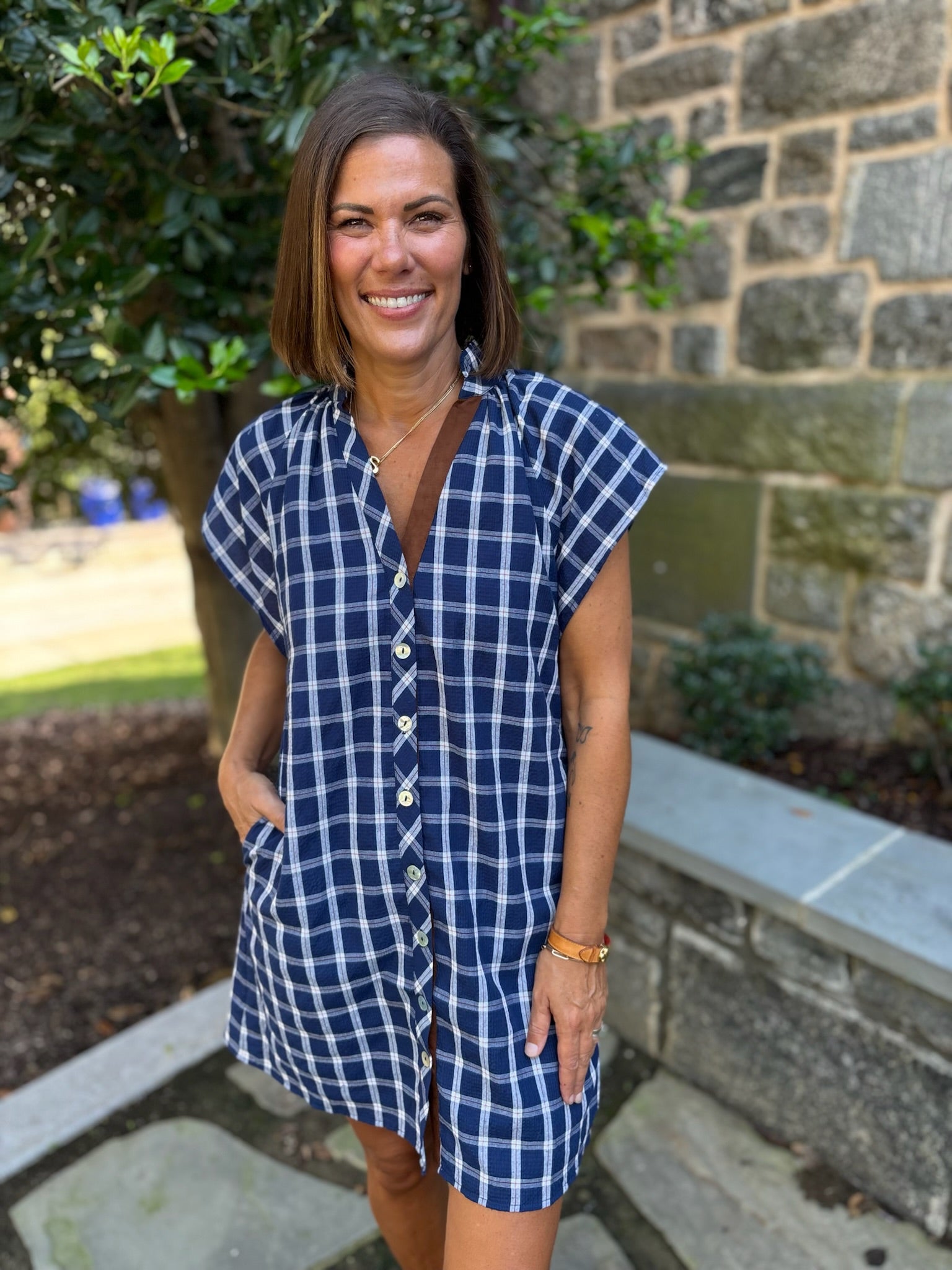 Paige Button Front Plaid Dress