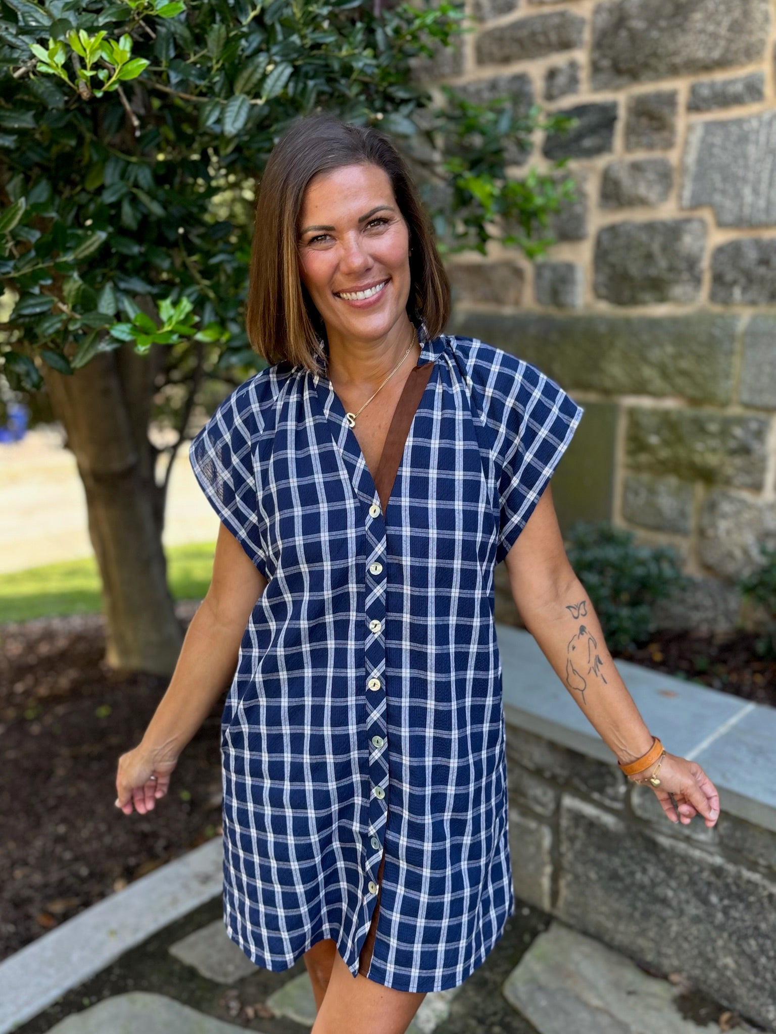 Paige Button Front Plaid Dress