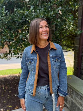 [TRIBAL] Zip Front Denim Jacket with Suede Trim