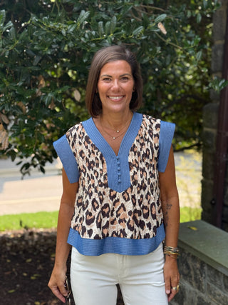 Chessa Cheetah & Denim Short Sleeve Top