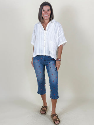 Cherie Cherry Embroidery Denim Capris