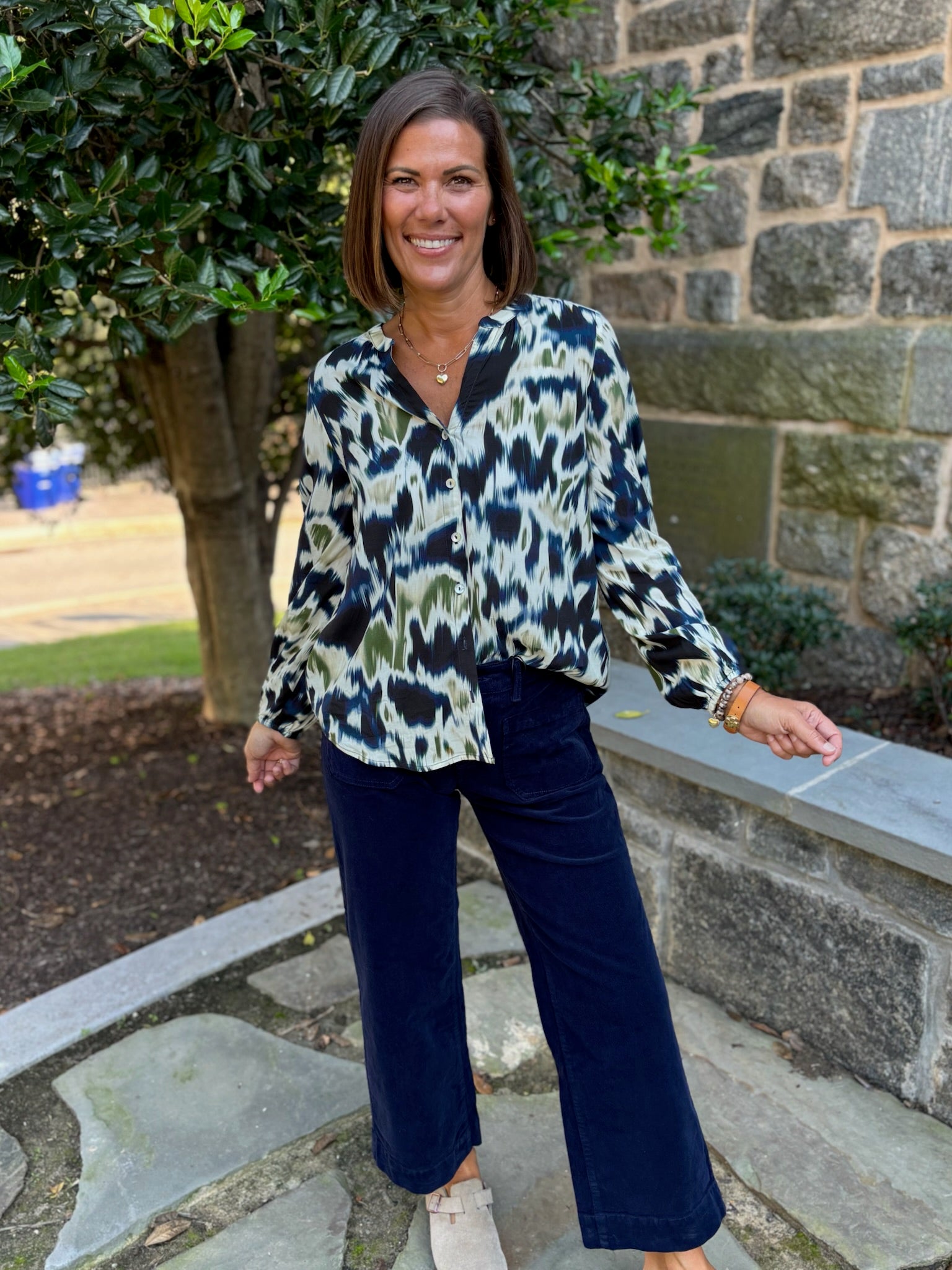 [Liverpool] Button Front Shirred Woven Blouse