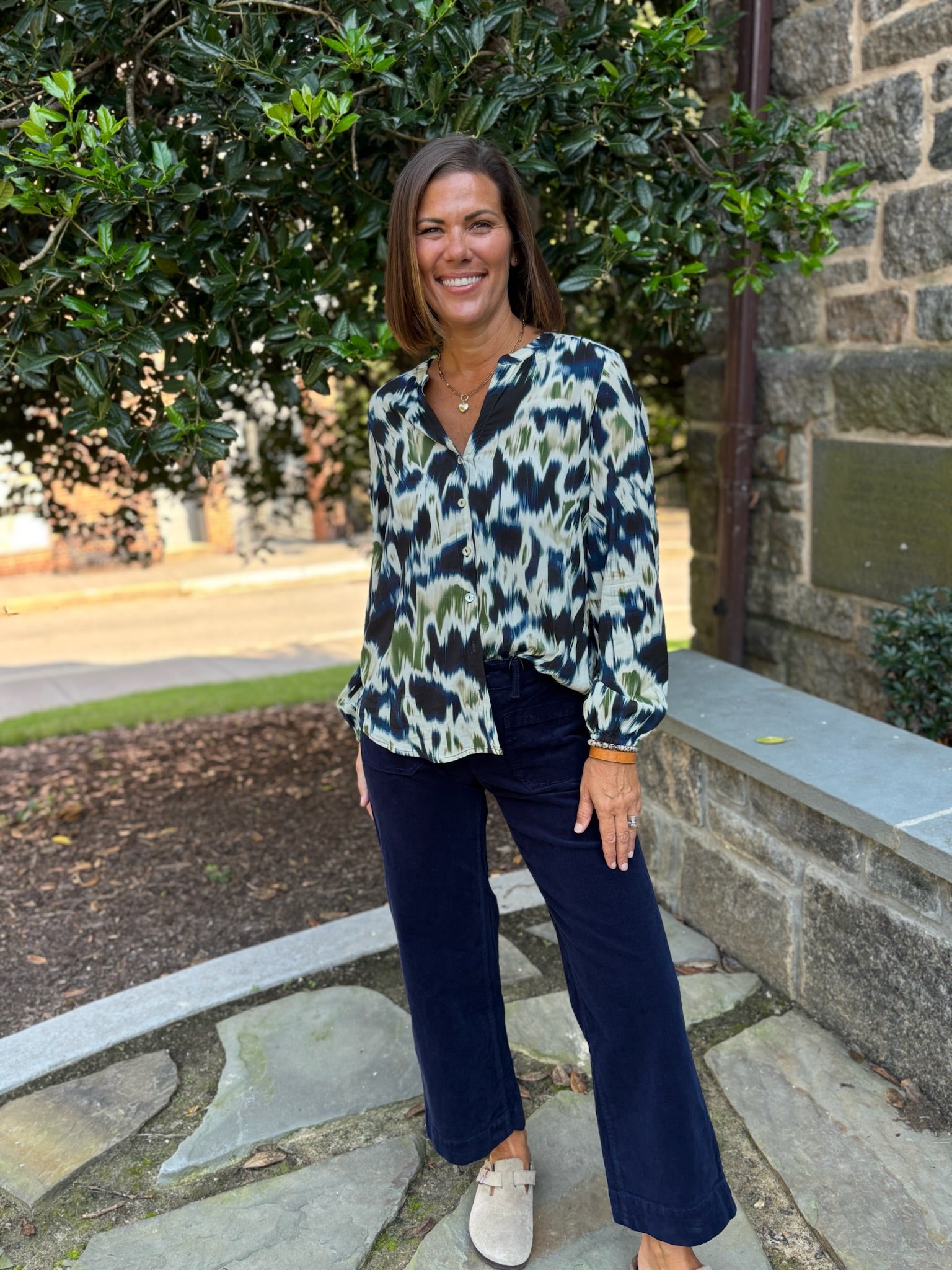 [Liverpool] Button Front Shirred Woven Blouse