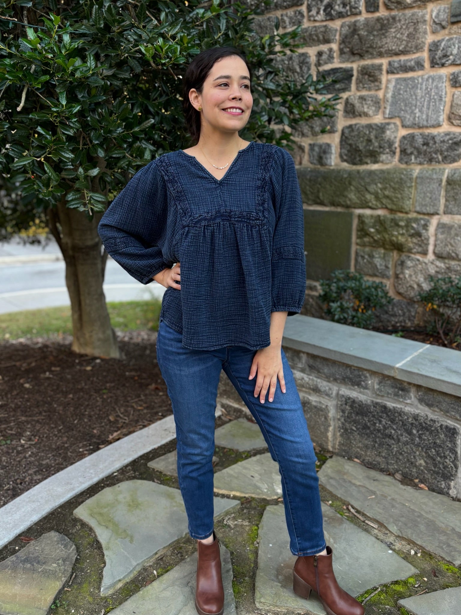 [TRIBAL] Ema Embroidered Wide Sleeve Popover Blouse