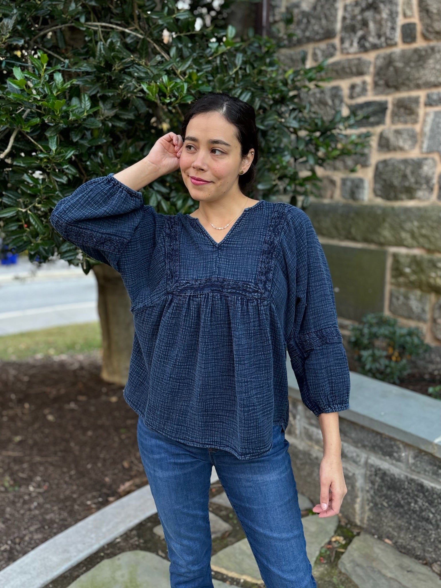 [TRIBAL] Ema Embroidered Wide Sleeve Popover Blouse