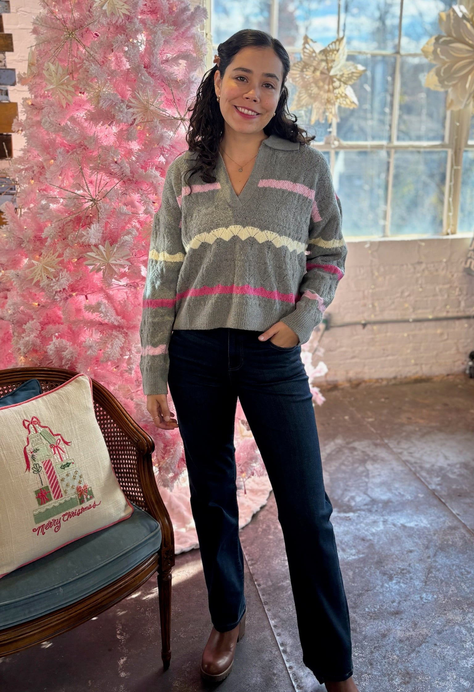 Colette Collared Striped Knit Sweater