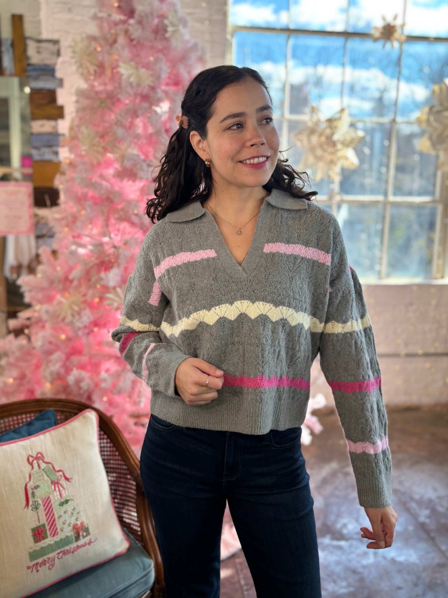 Colette Collared Striped Knit Sweater