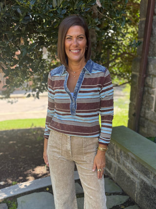 Haddie Denim Mix Striped Henley Top