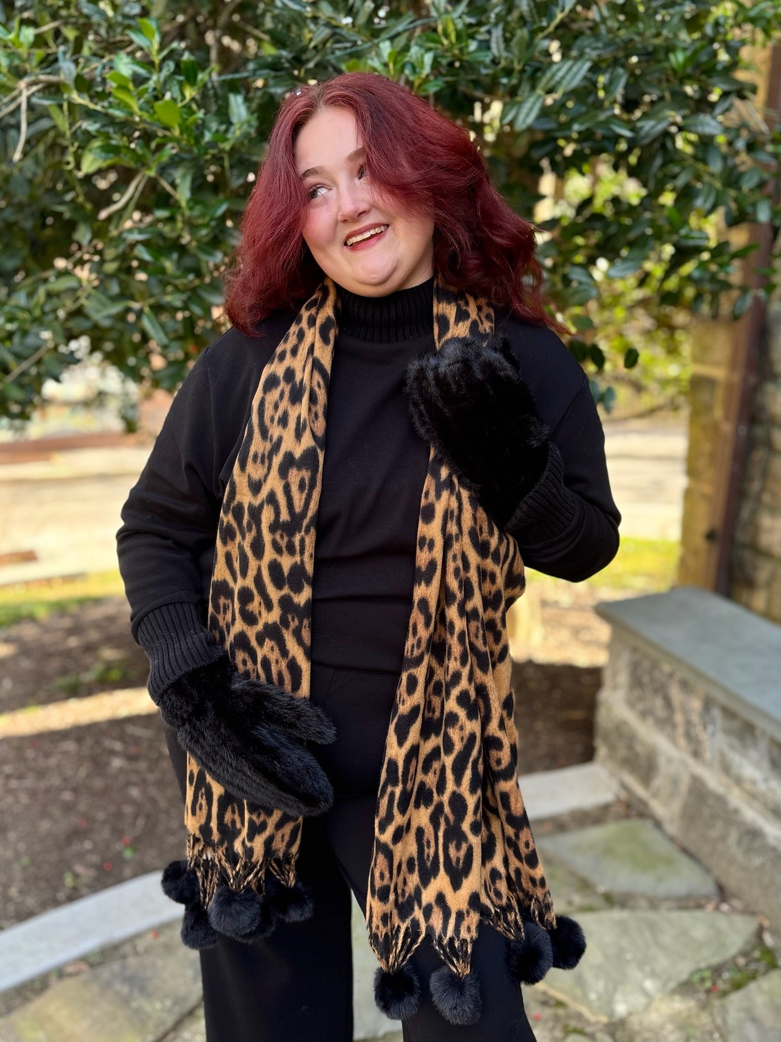 Pom Pom Tassel Trim Leopard Print Scarf - Brown