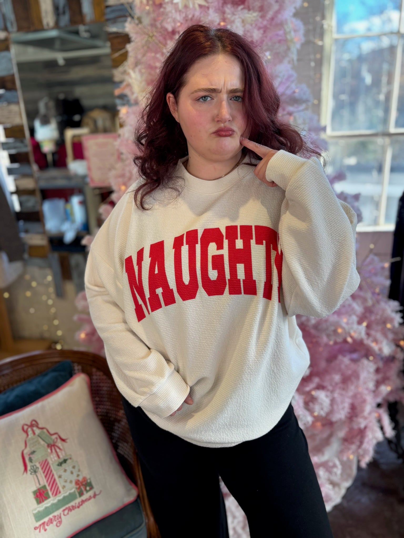 "NAUGHTY" Cloudy Knit Long Sleeve Tee