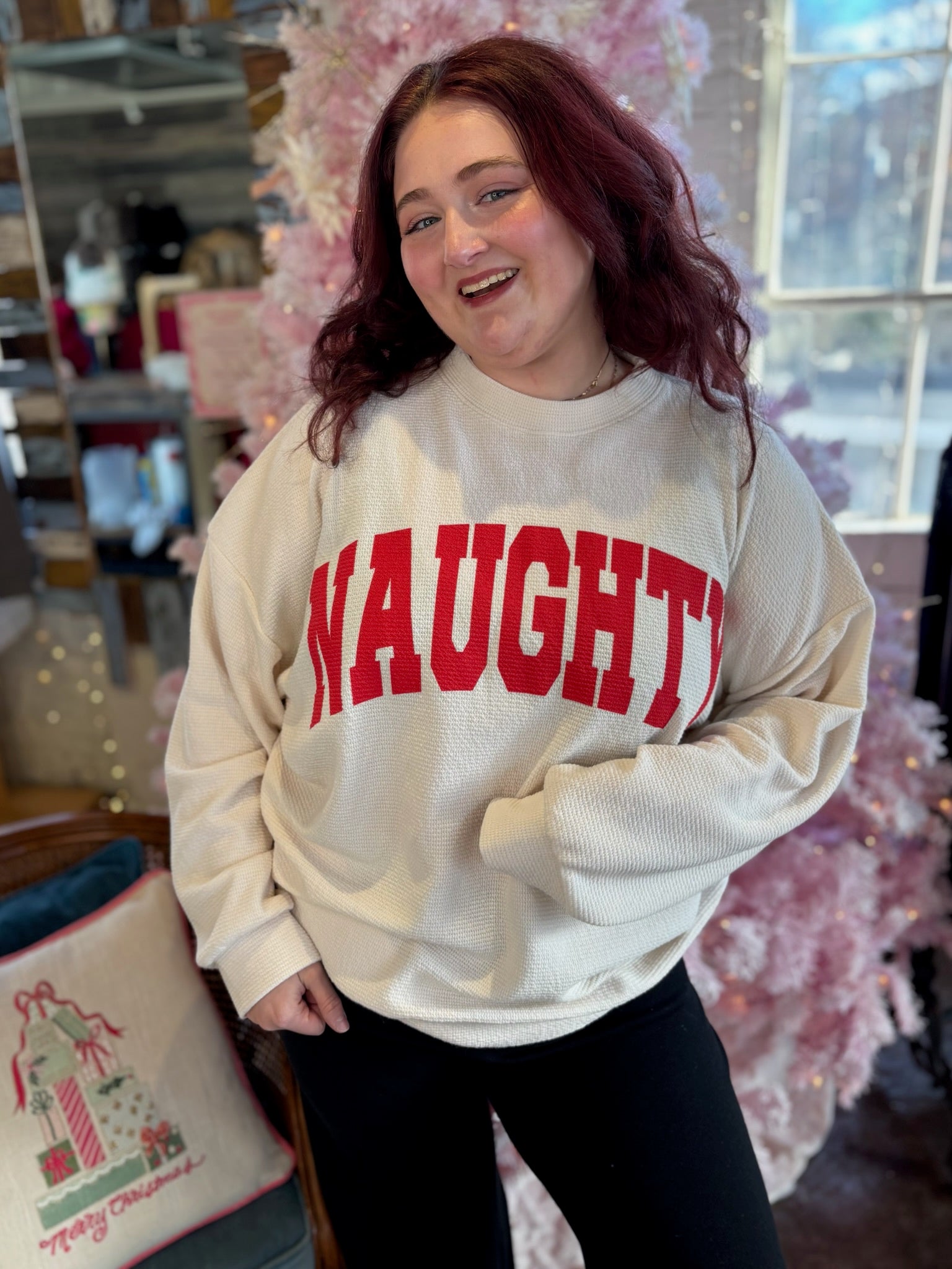 "NAUGHTY" Cloudy Knit Long Sleeve Tee