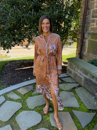 Mira Mixed Print Satin Midi Shirt Dress