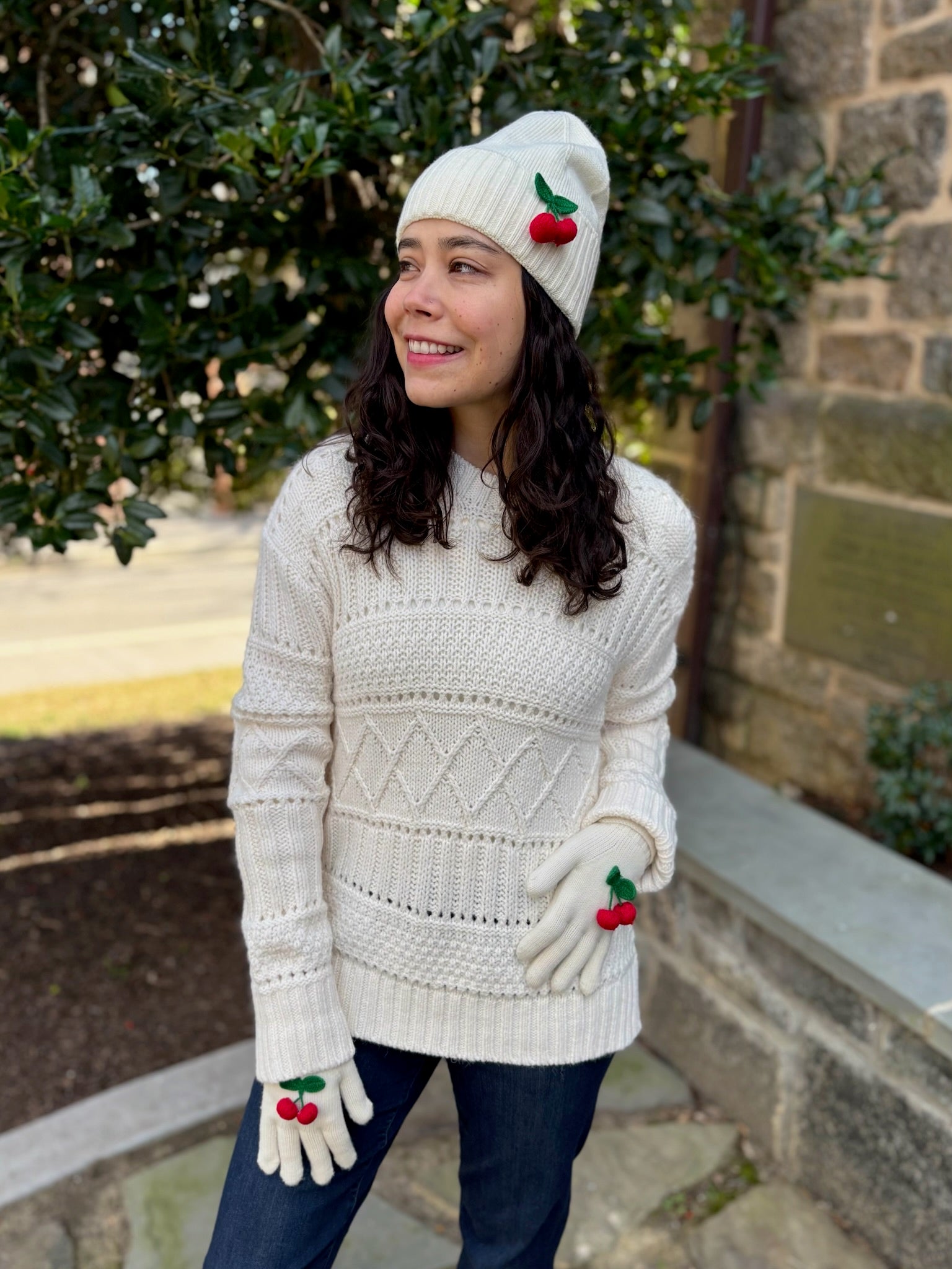Cherry Applique Knit Beanie & Gloves Set