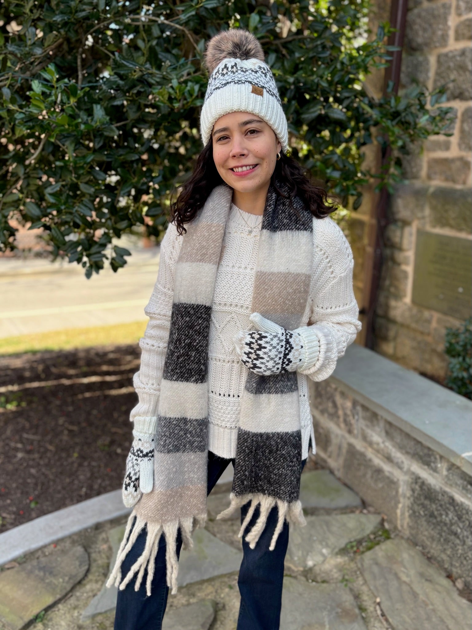 Oversized Striped Brushed Knit Fringe Scarf