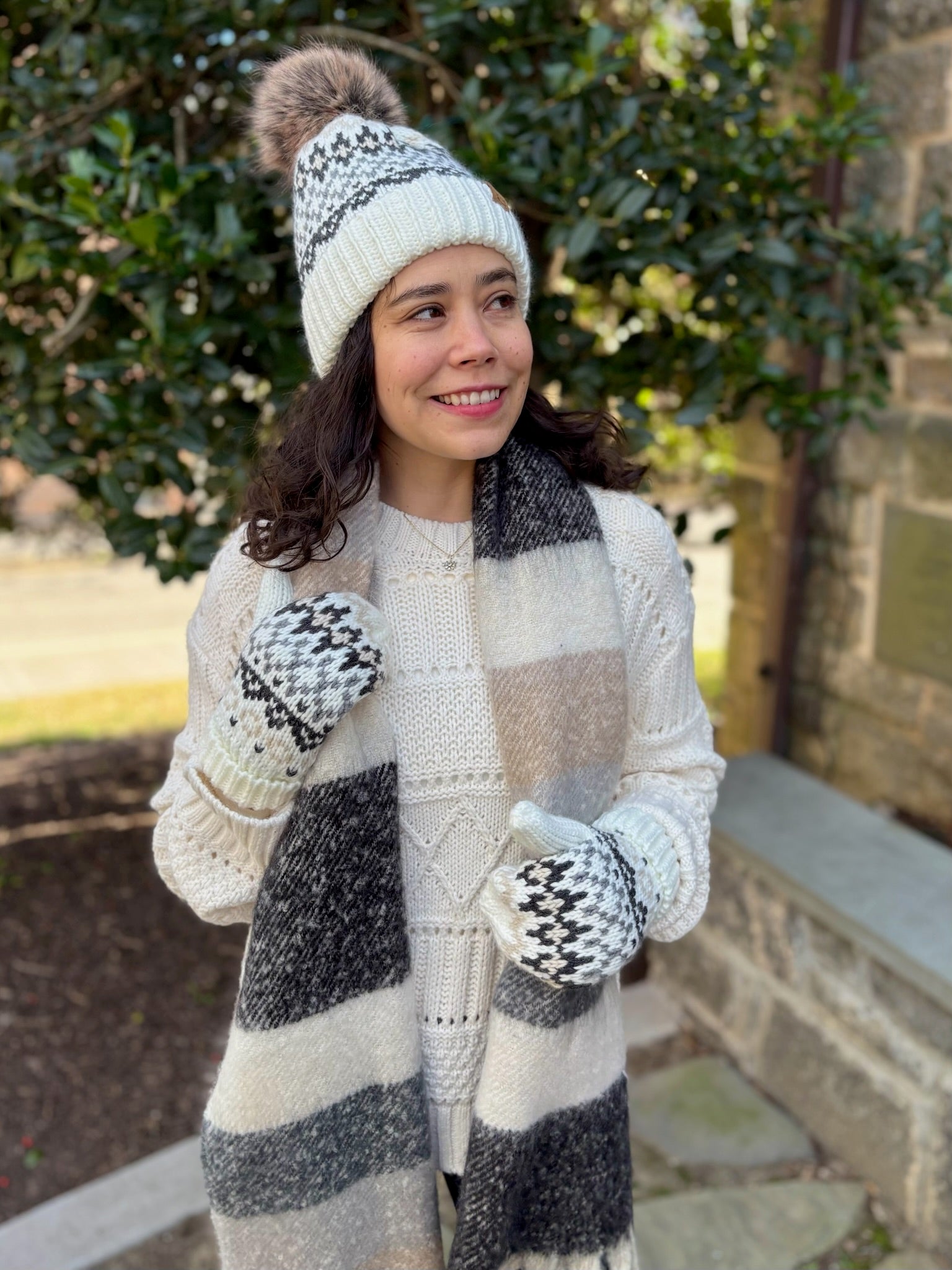Winter Pattern Pom Hat - Ivory, Gray & Tan