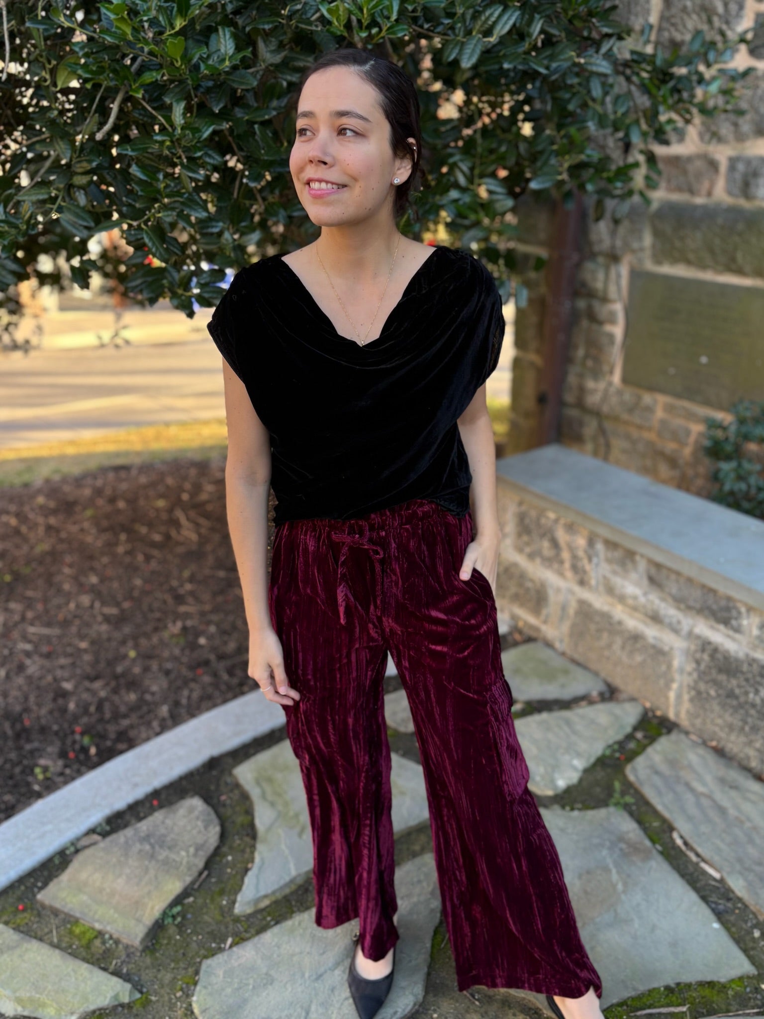 Hazel Crinkle Velvet Wide Leg Cargo Pants