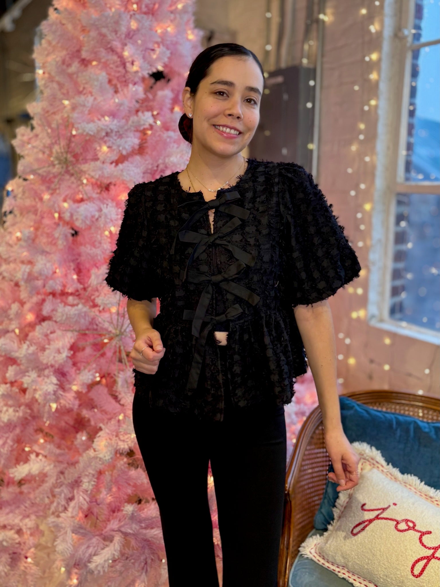 Kai Front Tie Puff Sleeve Fringe Textured Top