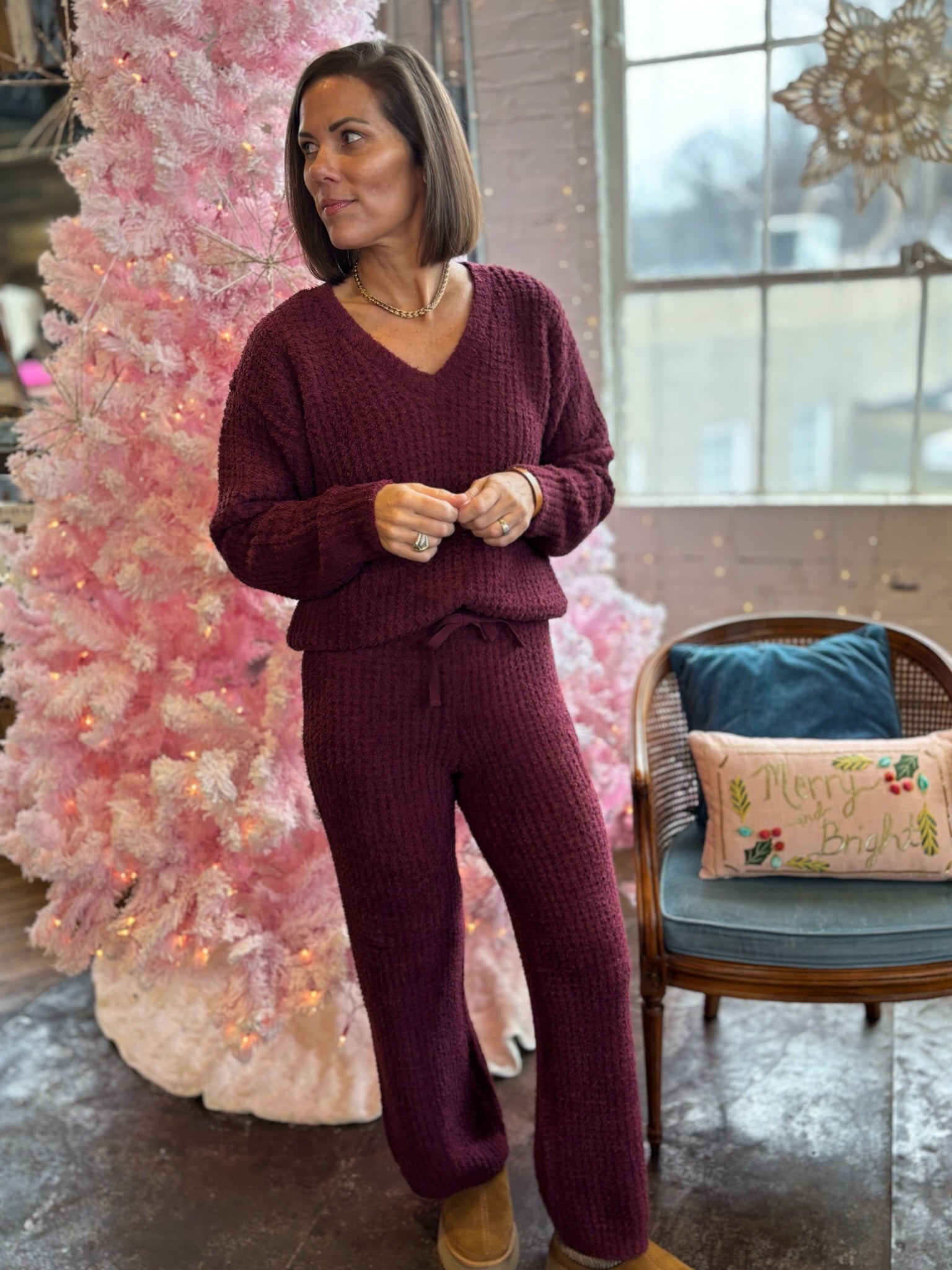 Mia Marshmallow Waffle V-Neck Lounge Set