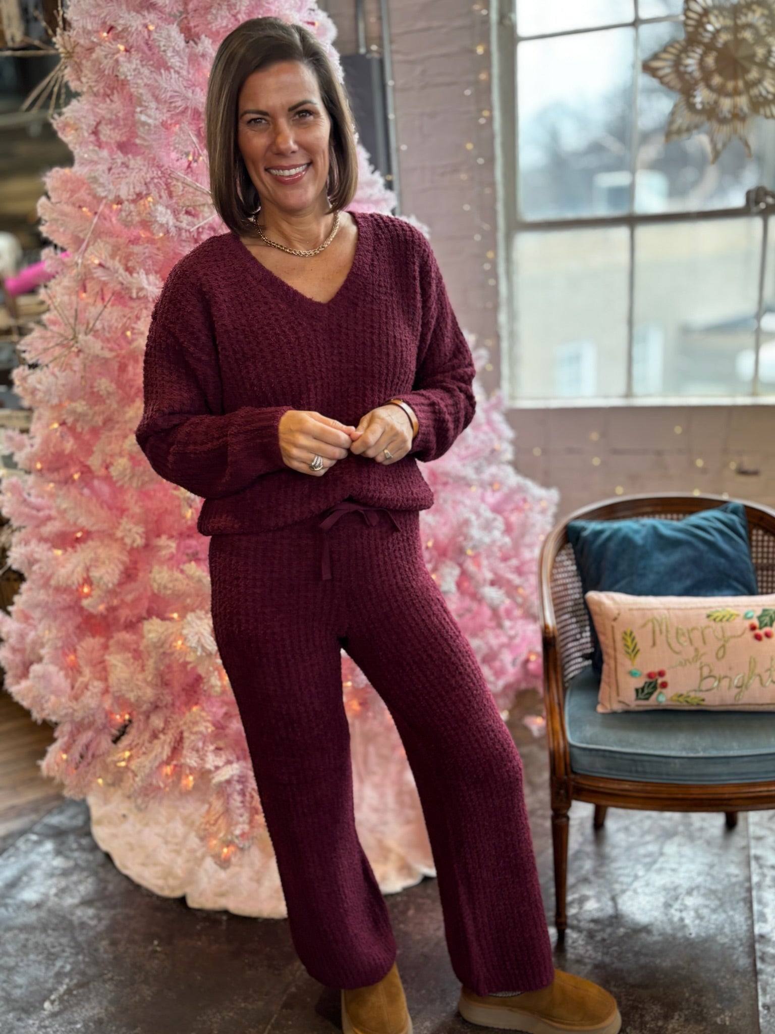 Mia Marshmallow Waffle V-Neck Lounge Set