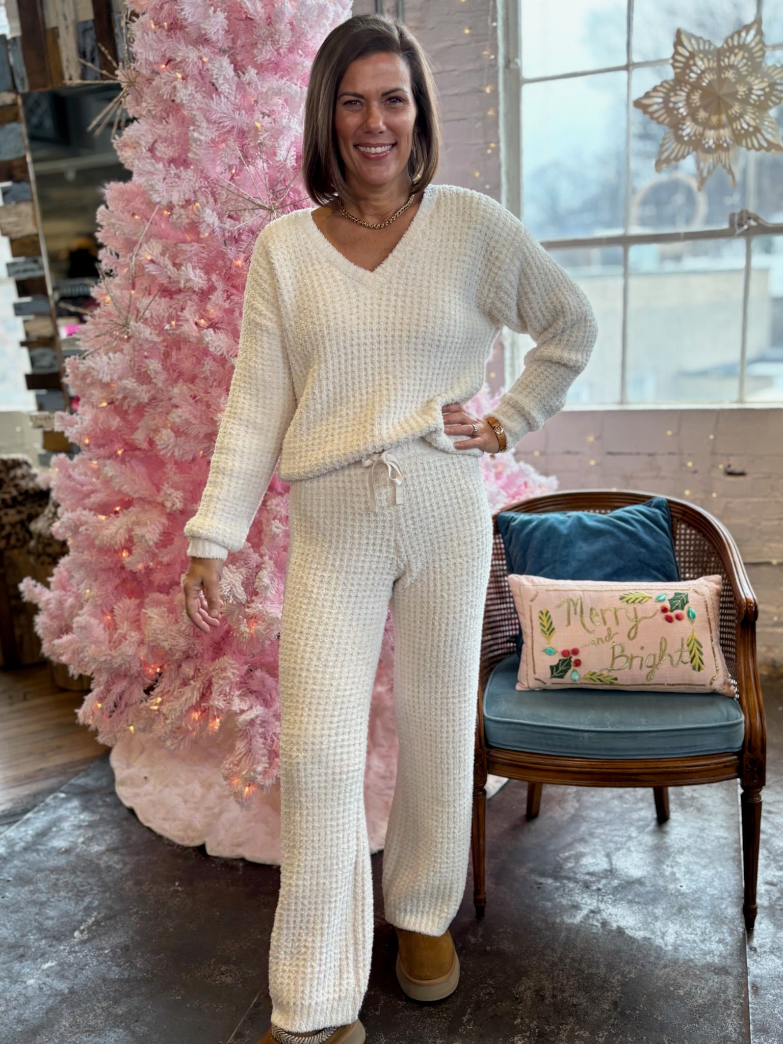 Mia Marshmallow Waffle V-Neck Lounge Set