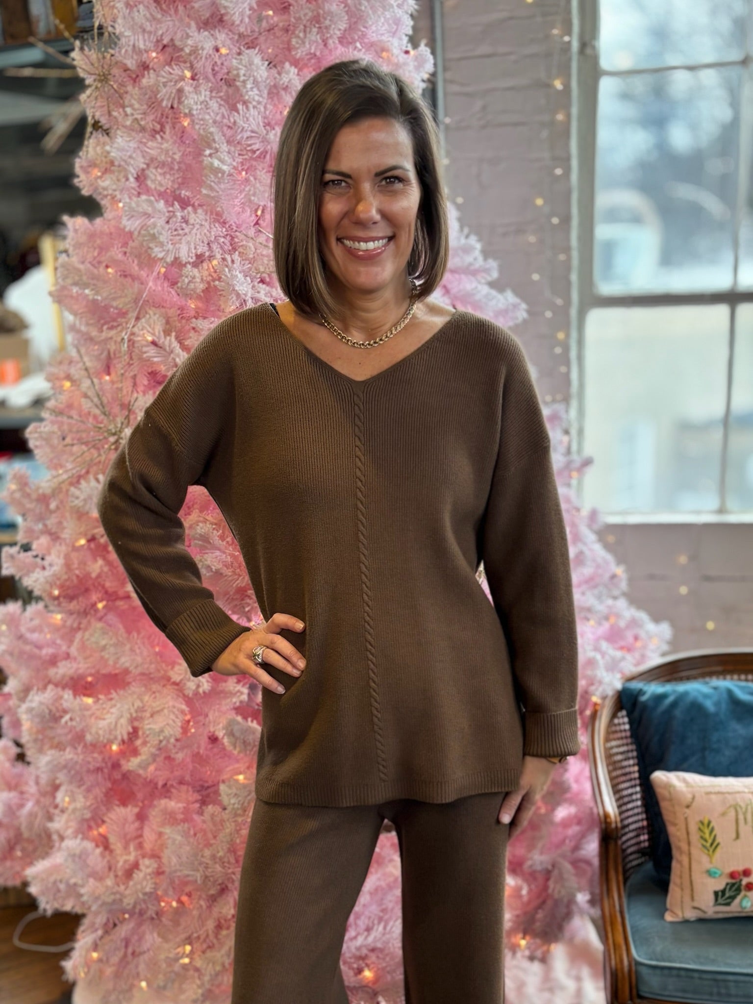 Mary Earth Tone V-Neck Ribbed Hi-Low Sweater