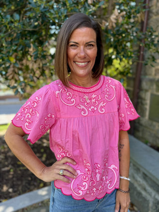 Andrea Short Sleeve Embroidery Detail Top