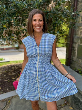 Dorothy Gingham Zip Front Smocked Waist Dress