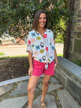 Lucia Printed Button-Up Front Tie Blouse