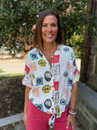 Lucia Printed Button-Up Front Tie Blouse