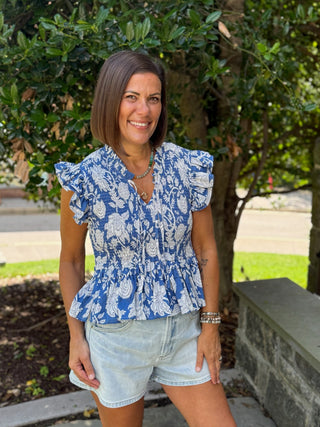 Samaria Ruffled Smocked Floral Top