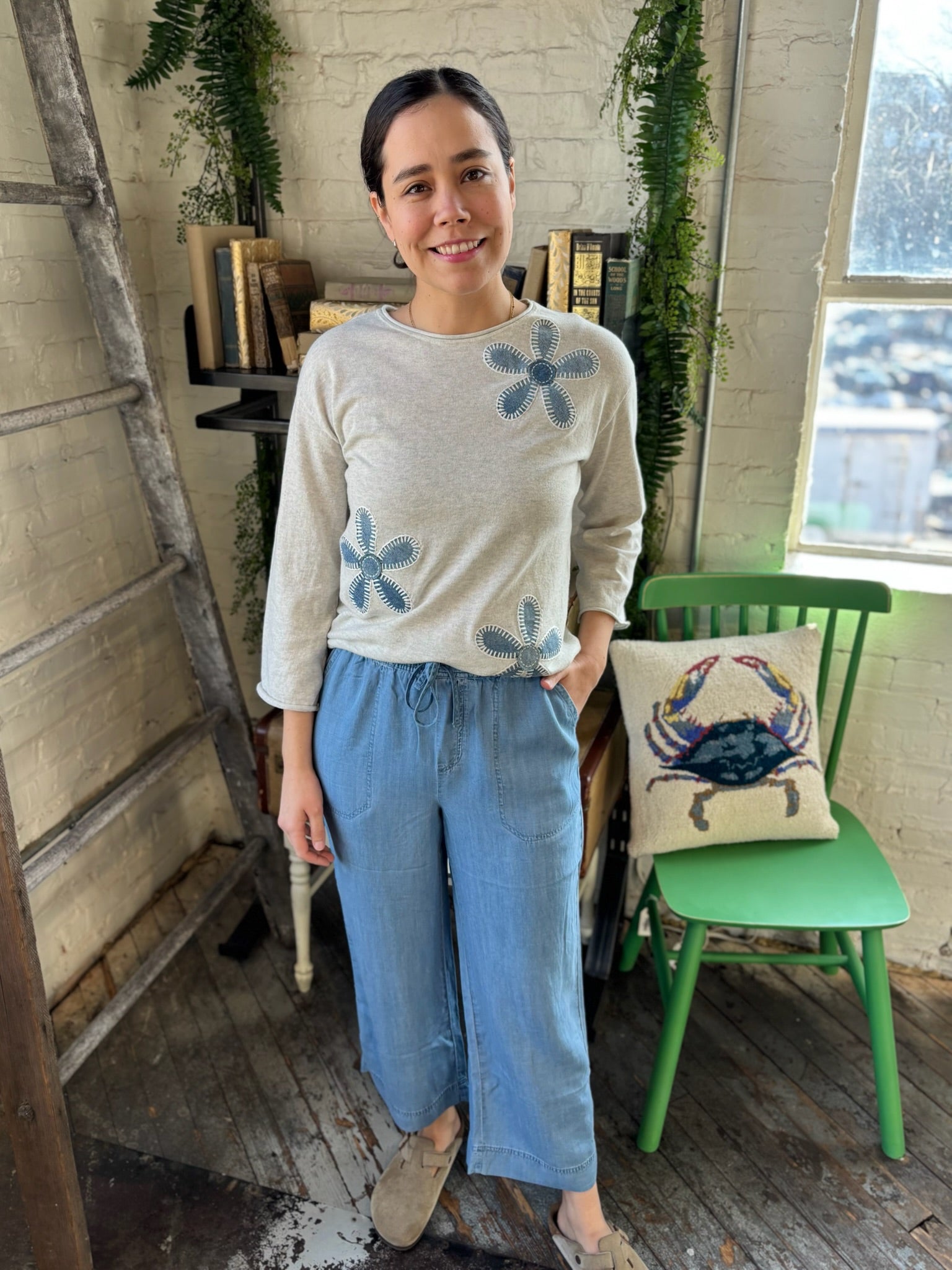 Fiona 3/4 Sleeve Flower Patch Sweater