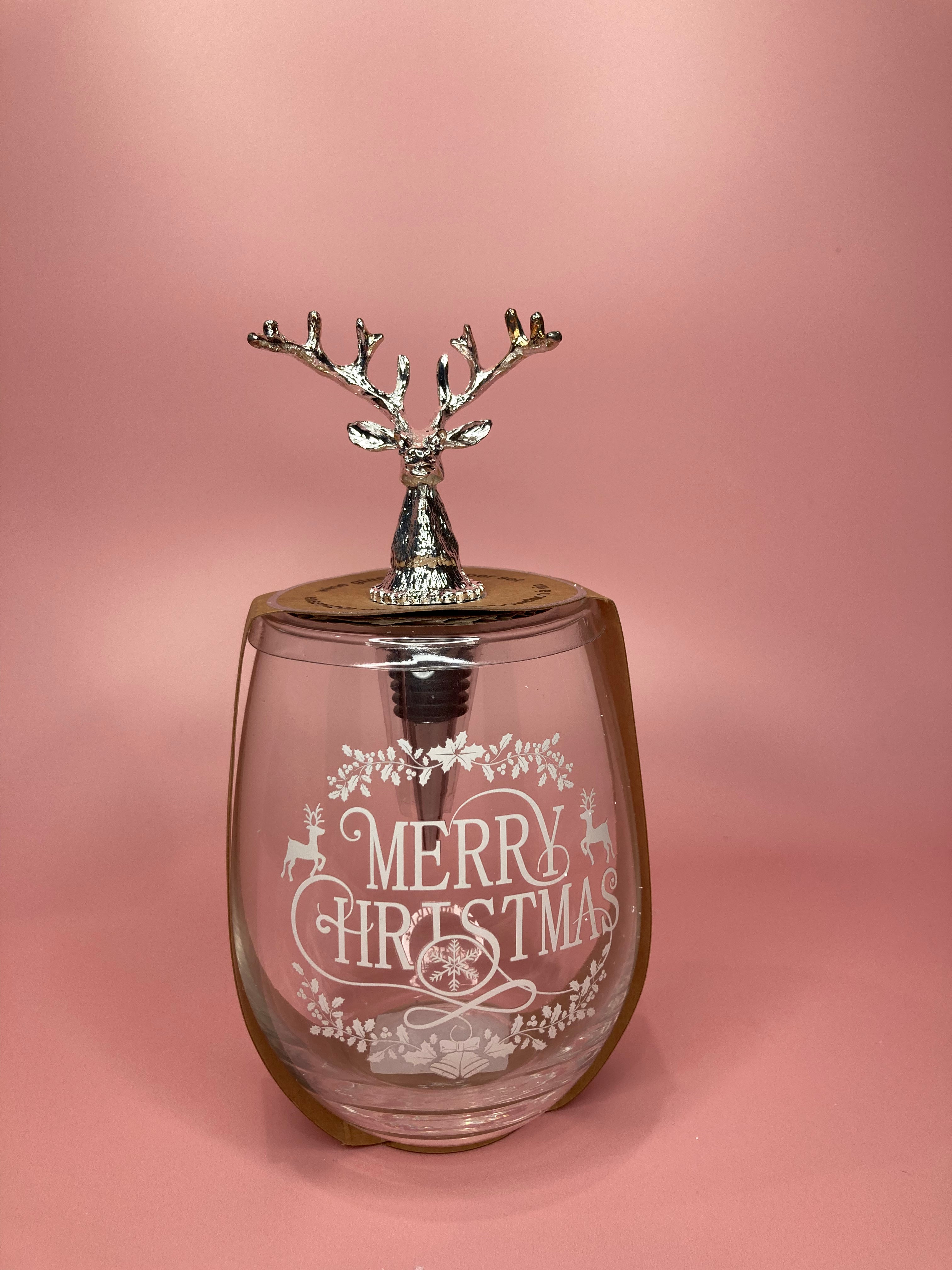 Reindeer Wine Glass & Stopper Set