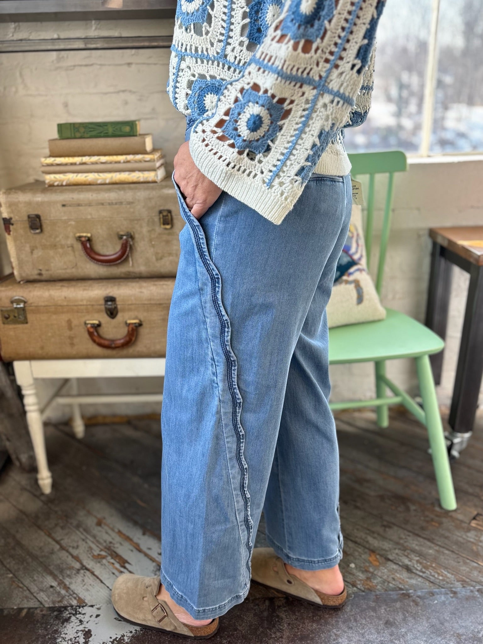 Santana Scalloped Edge Wide Leg Denim Pants