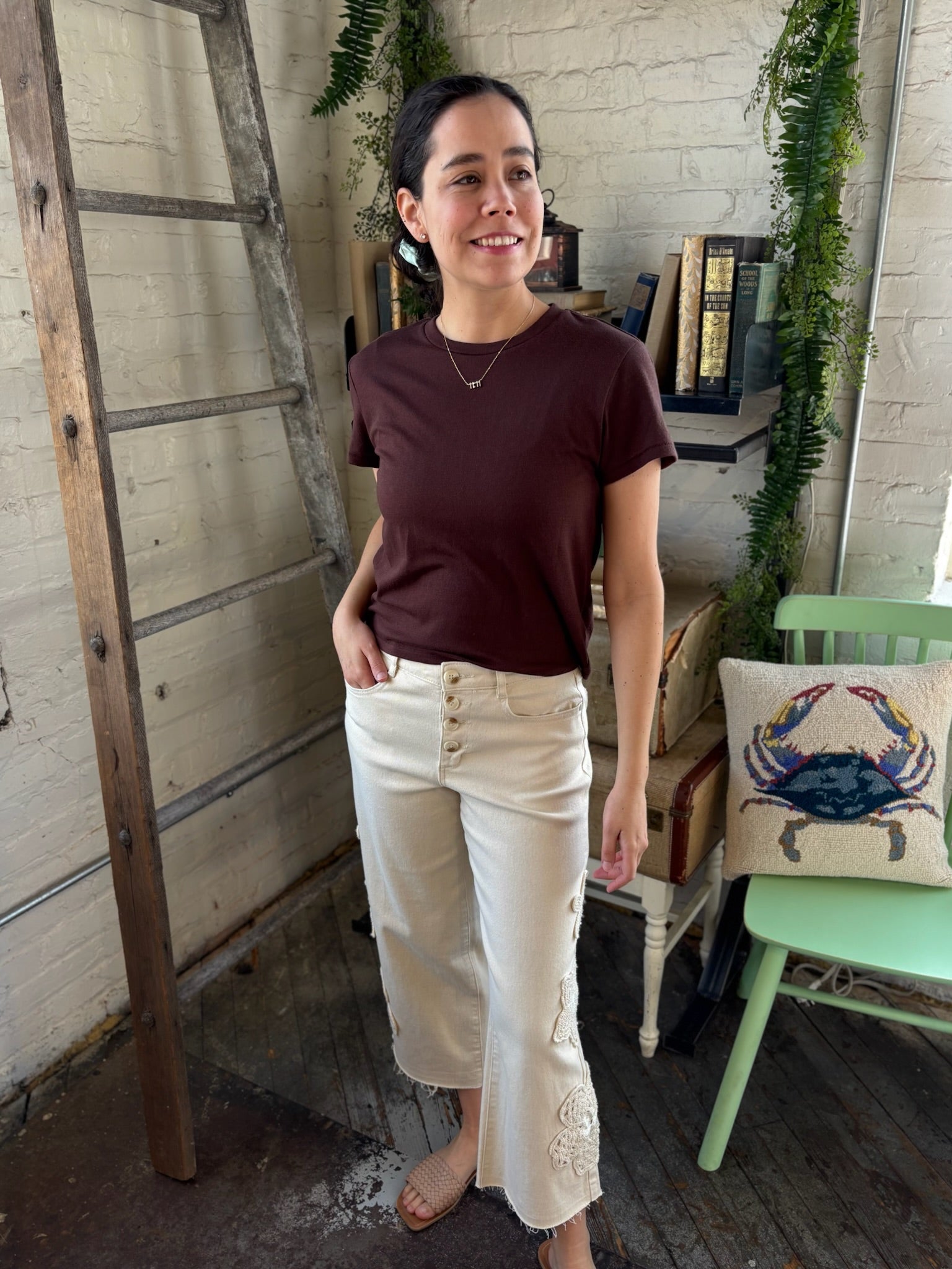 [TRIBAL] Audrey Wide Crop Crochet Detail Jeans