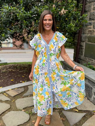 Leila Lemon Print Midi Dress