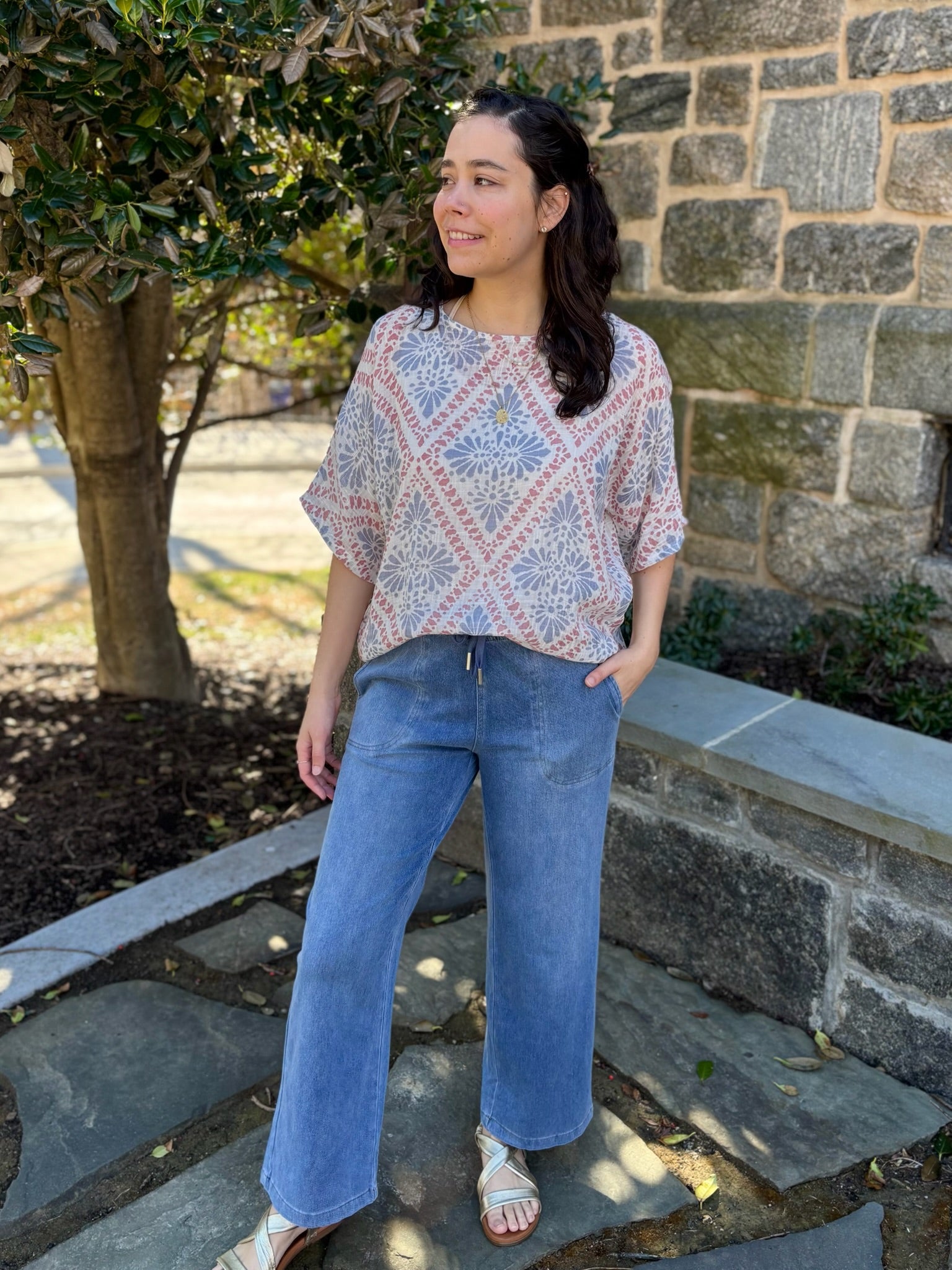 Daisy Knit Denim Wide Leg Pants