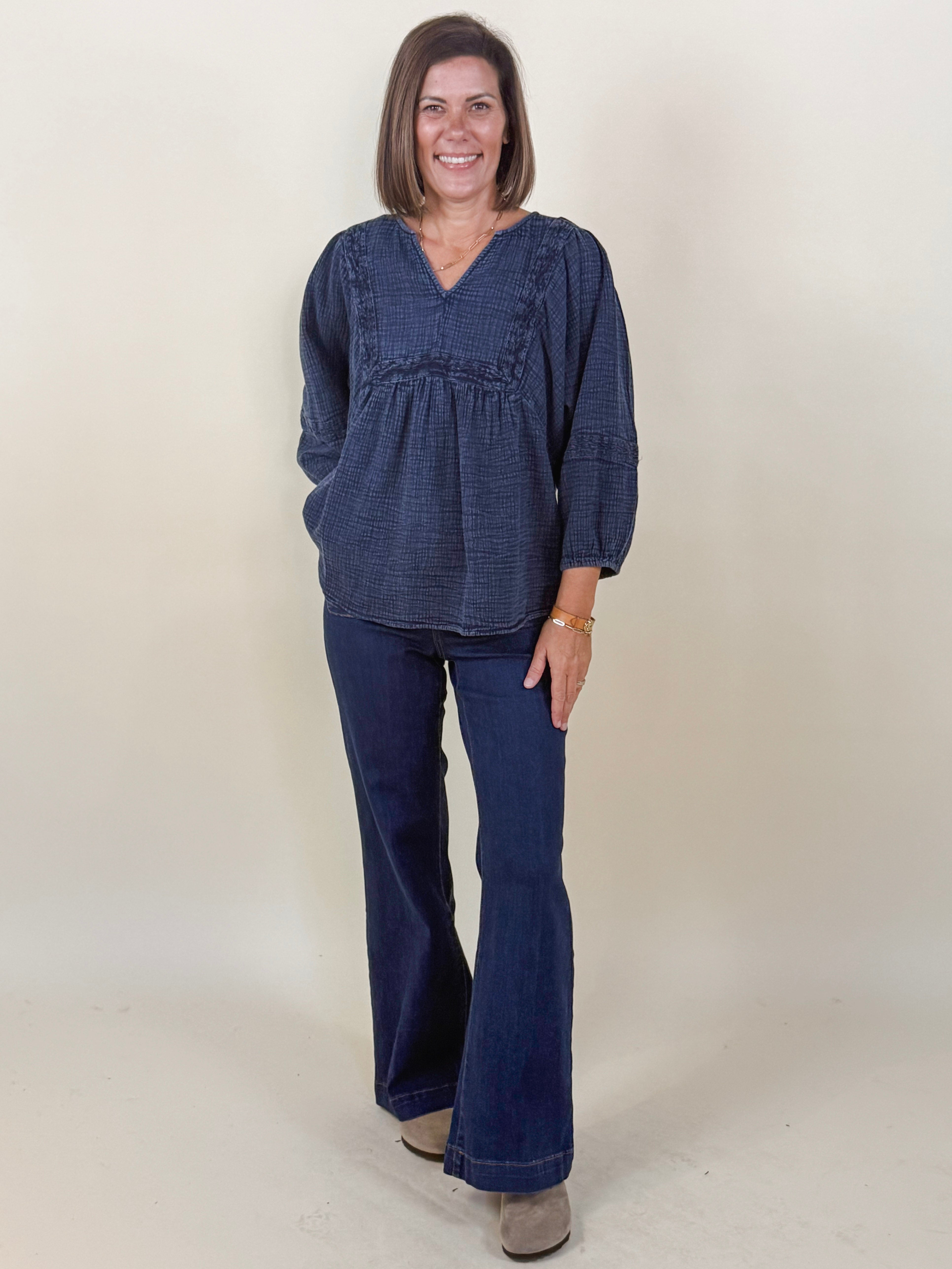 [TRIBAL] Ema Embroidered Wide Sleeve Popover Blouse