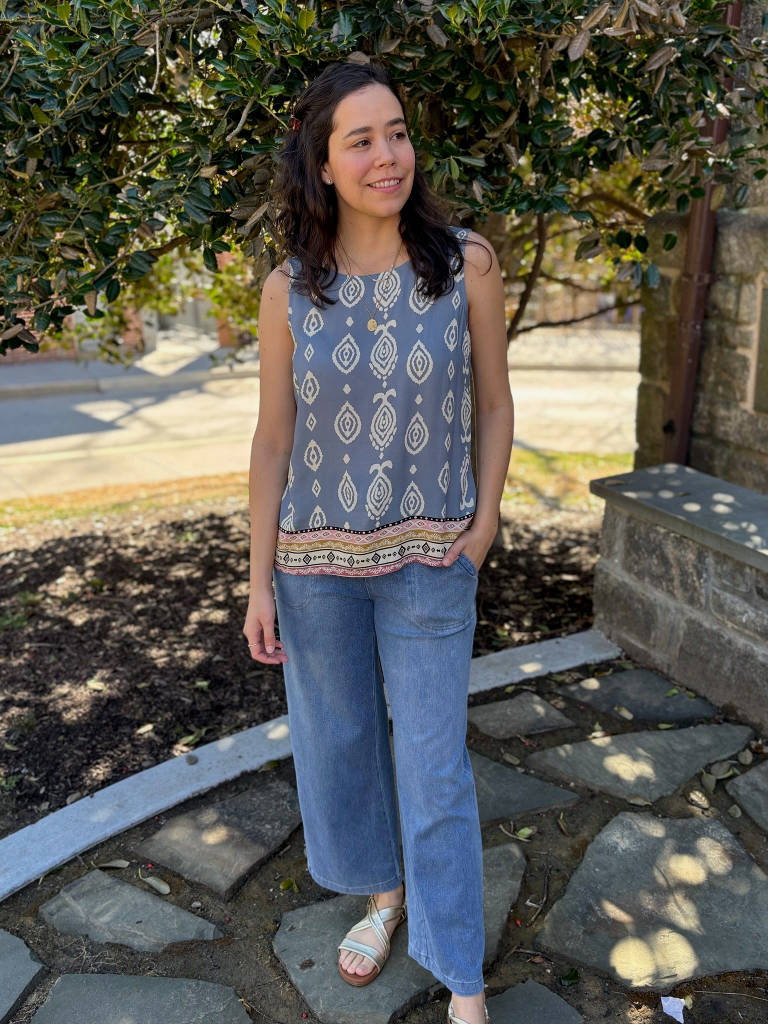 Gianna Border Print Sleeveless Blouse