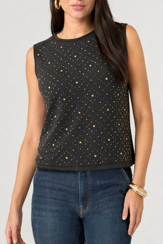 [Liverpool] Wilma Embellished Knit-to-Woven Sleeveless Top