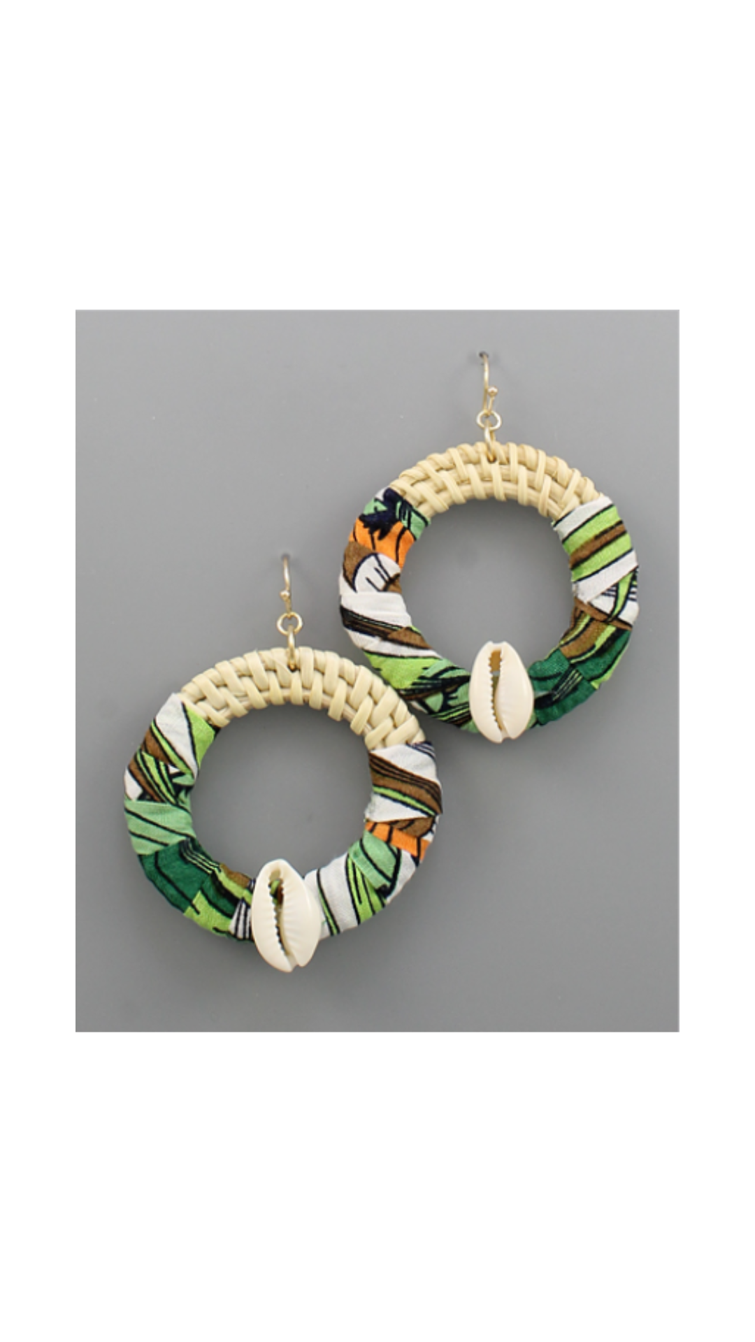 Cowry Shell & Fabric Circle Earrings - Green/Multi