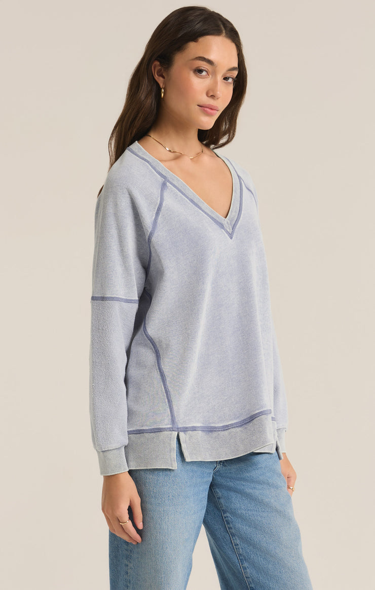 [Z Supply] Easy V-Neck Knit Denim Sweatshirt