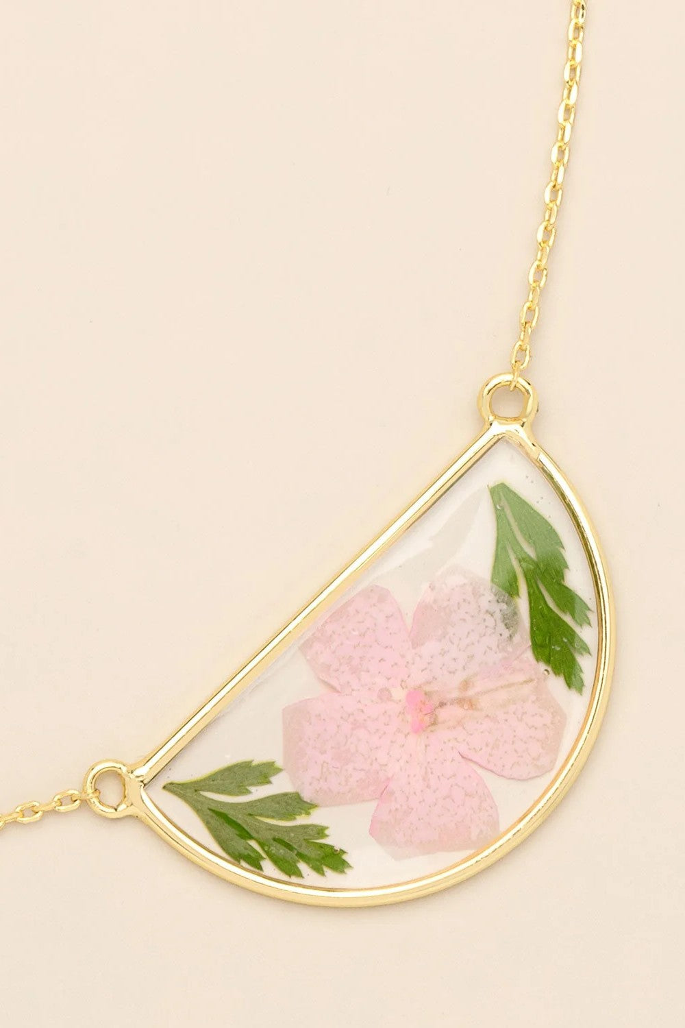 Pressed Flower Necklace - Pink Cherry Blossom/Gold