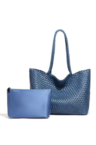 Woven Microfiber Leather Tote with Cosmetic Pouch - Blue