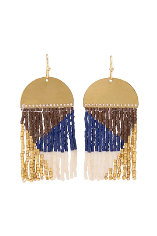 Birdie Geometric Beaded Fringe Earrings - Navy, Brown, Ivory + Gold