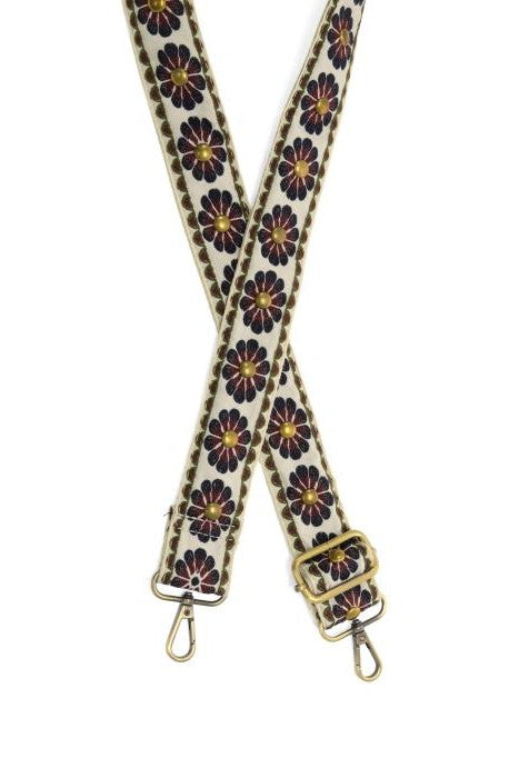 1.5" Burgundy Studded Daisy Embroidered Guitar Strap